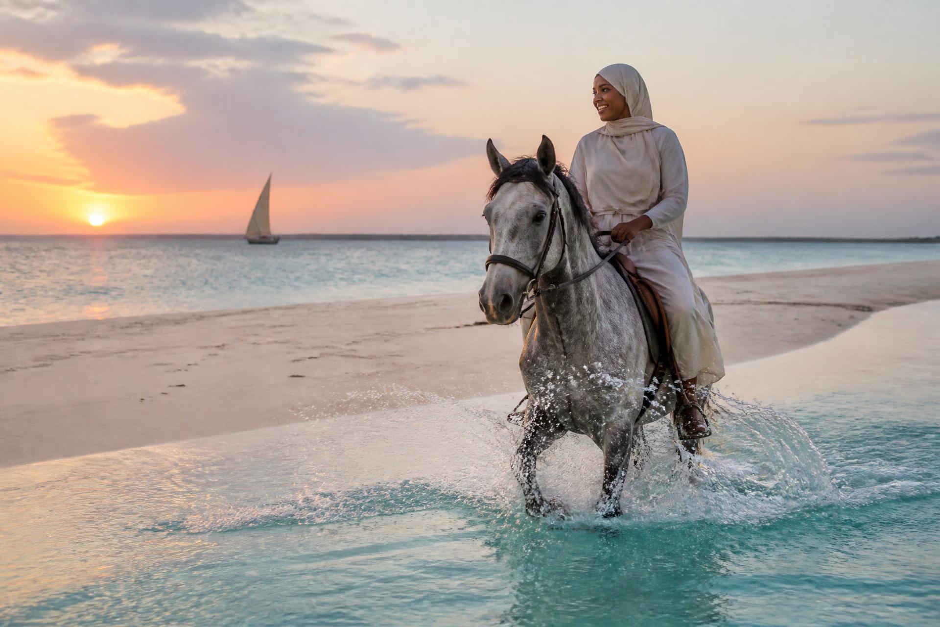 Two riders walking their horses along an empty Kenyan beach at sunset
