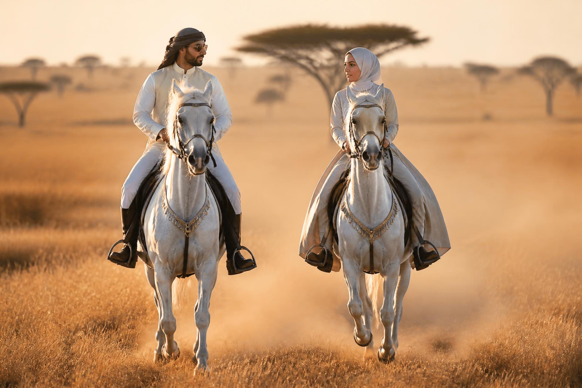 Riders on the savannah at sunrise