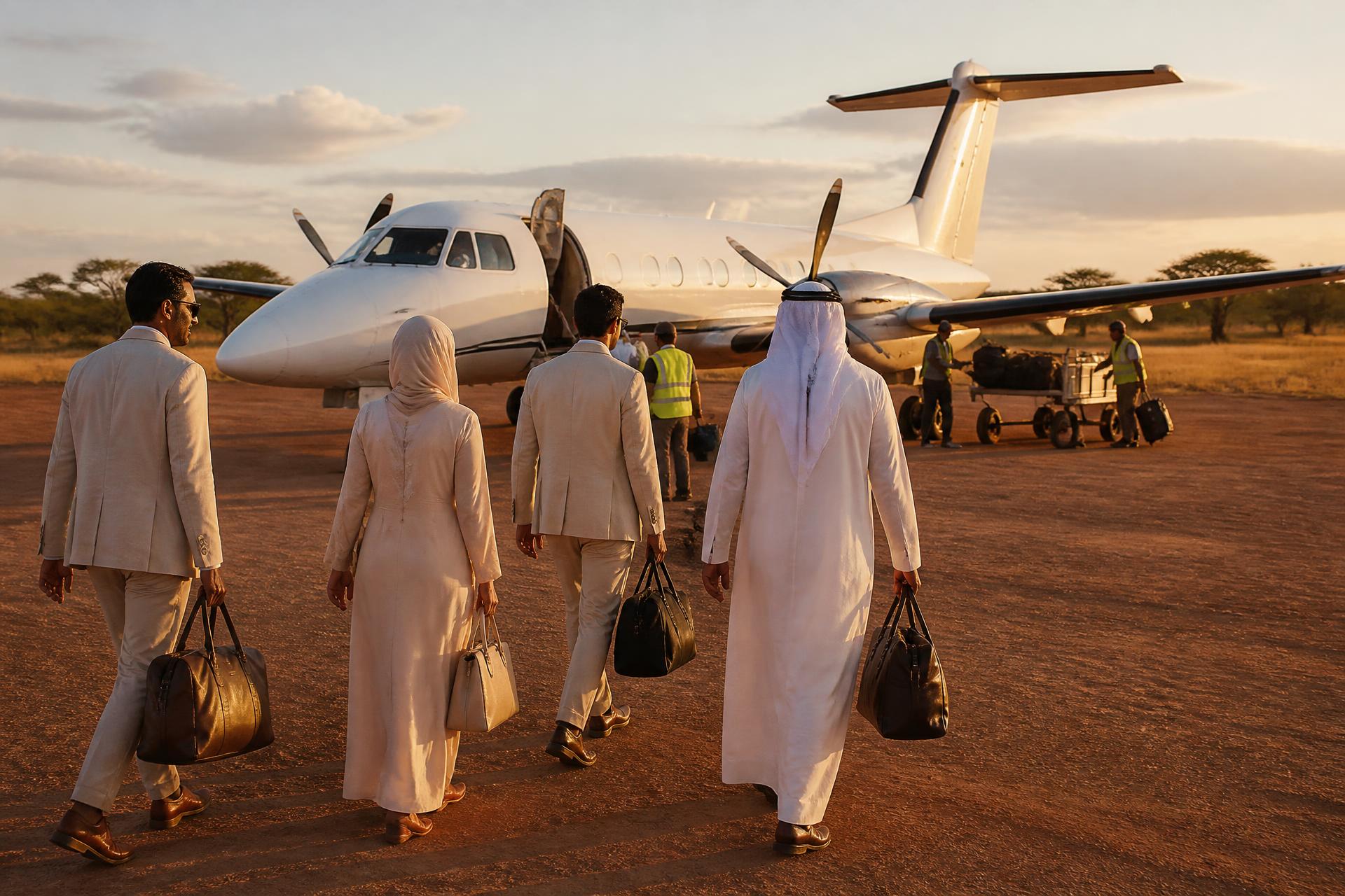 A helicopter and safari vehicle on a remote airstrip at dusk